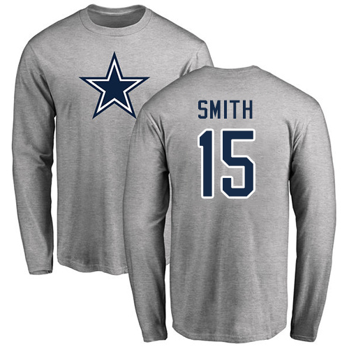 Men Dallas Cowboys Ash Devin Smith Name and Number Logo #15 Long Sleeve Nike NFL T Shirt->nfl t-shirts->Sports Accessory